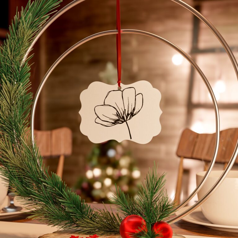 Floral Sketch Aluminum Ornament — Decorative Metal Holiday & Gift Tag (Single or Multi-Pack)