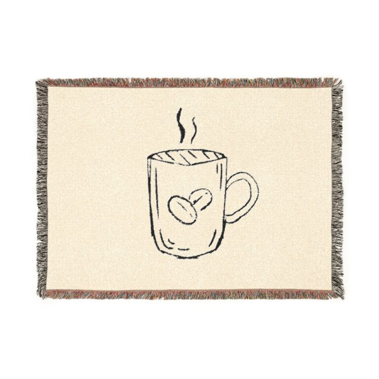 Coffee Mug Woven Blanket — Cozy Coffee Throw with Heart Steam Design