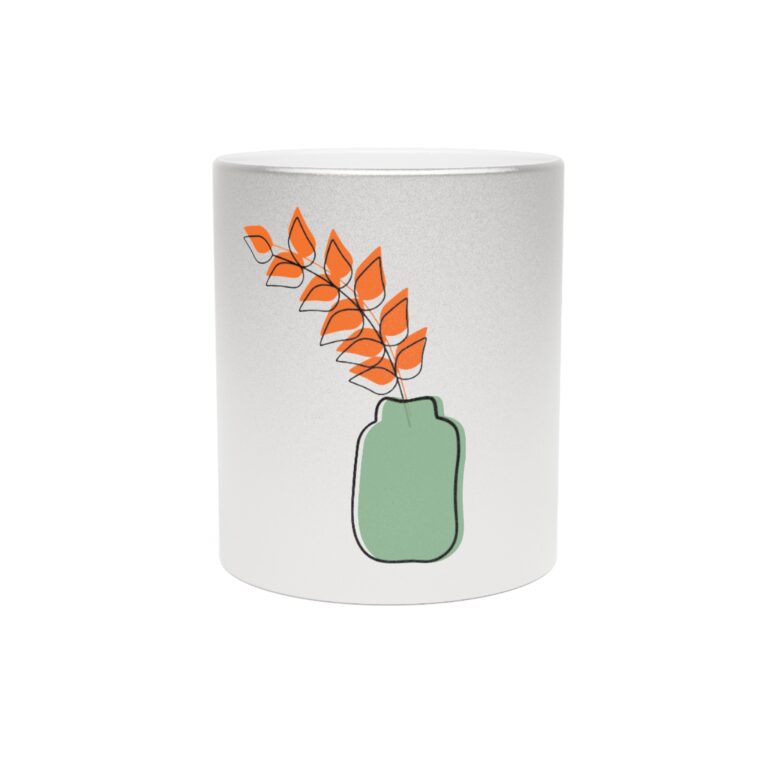 Metallic Ceramic Mug — Minimal Green Vase with Orange Foliage (Silver or Gold)