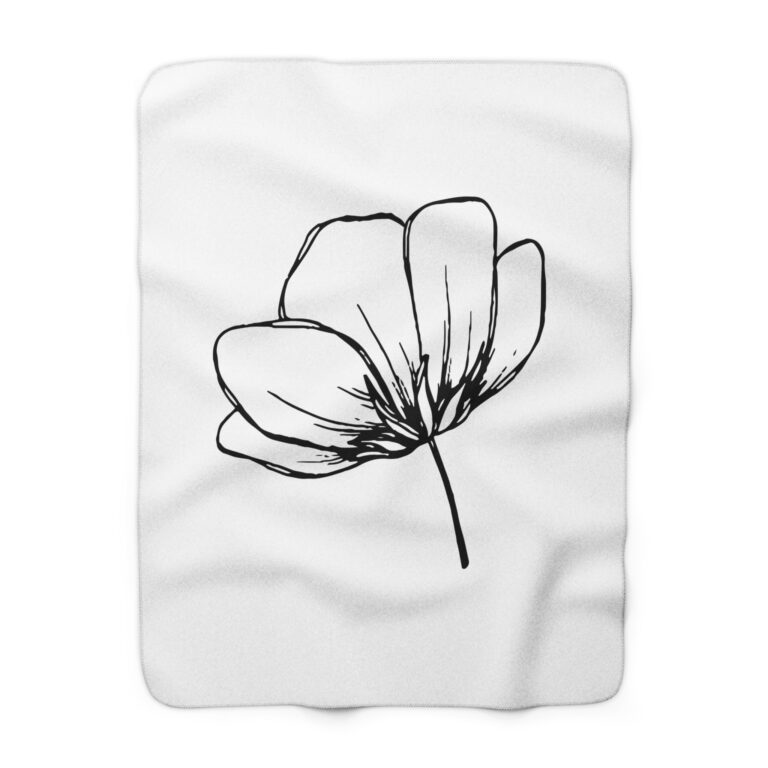 Floral Line Art Sherpa Blanket — Minimal Black Poppy Cozy Throw