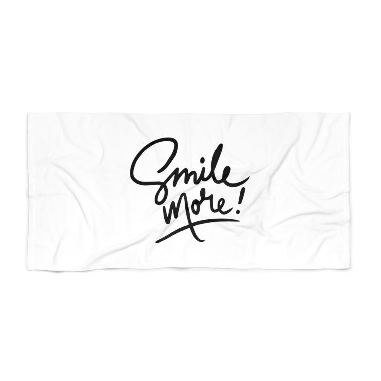 Smile More! Beach Towel — Inspirational White Beach Towel with Handwritten Script