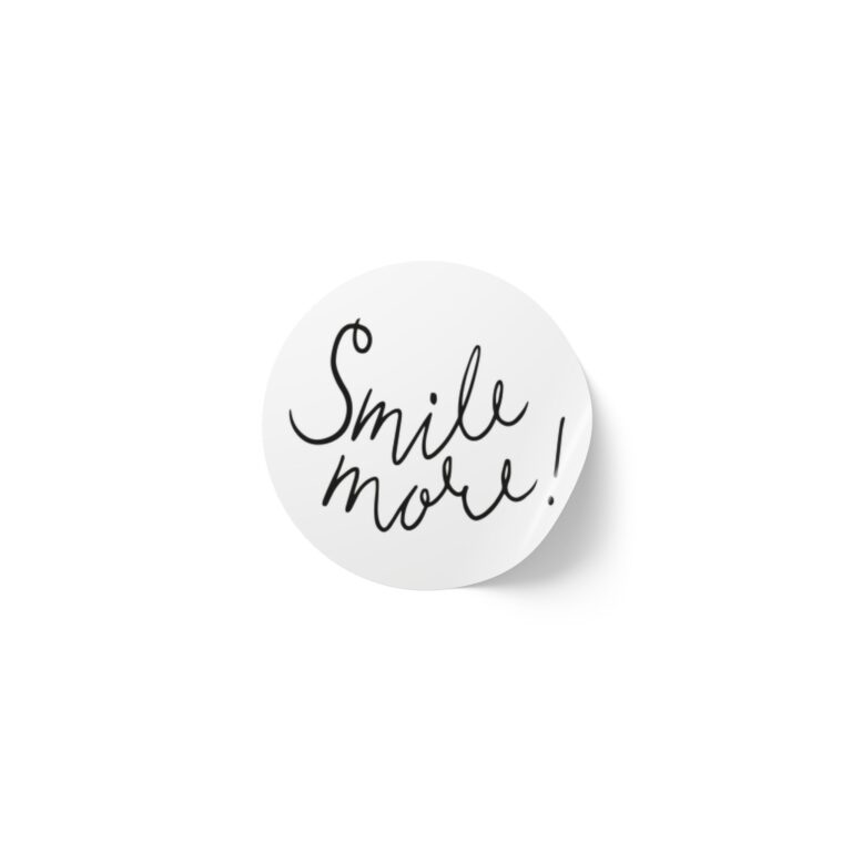 Smile More! Round Sticker Label Rolls – Motivational Script Labels for Packaging, Gifts & Small Business