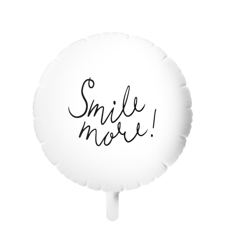 Smile More! Round Mylar Helium Balloon — White Script Celebration Balloon
