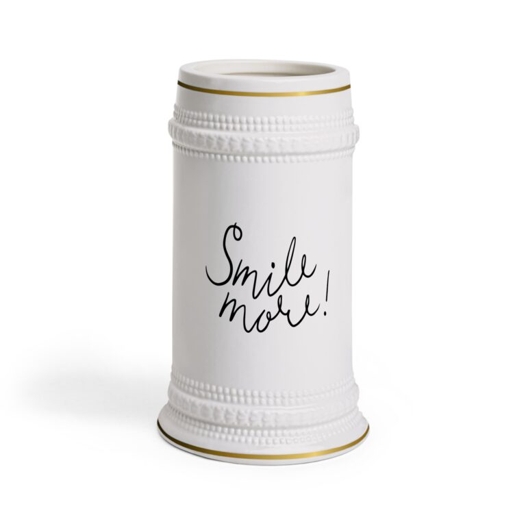 Smile More! Ceramic Beer Stein Mug — Handwritten Script Gift for Brewers & Parties