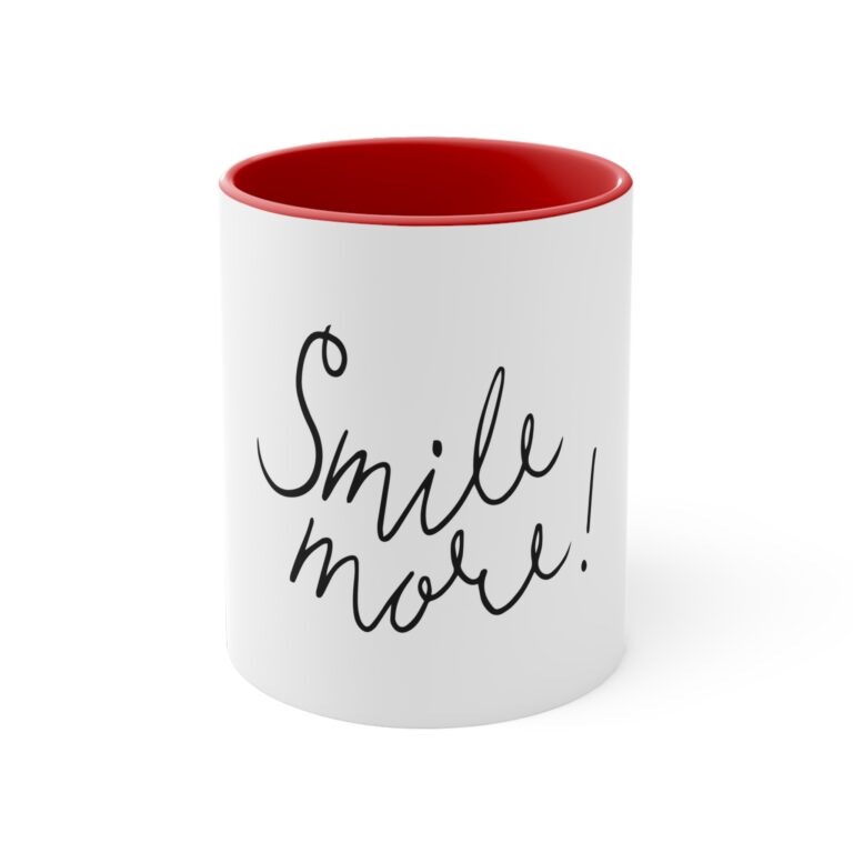 Smile More Accent Mug — Red-Handle 11oz Inspirational Coffee Cup