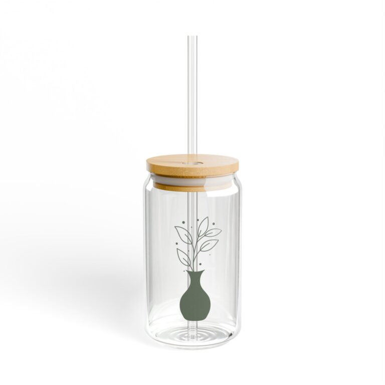 16oz Glass Sipper Tumbler with Bamboo Lid — Minimal Green Vase Botanical Design