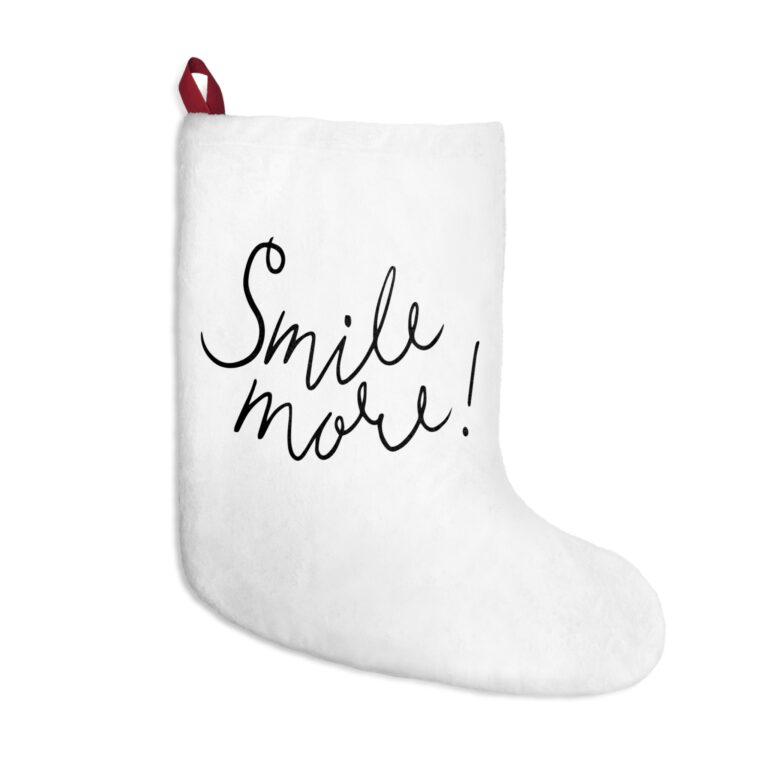 Smile More! Christmas Stocking — White Holiday Stocking with Handwritten Script & Hearts