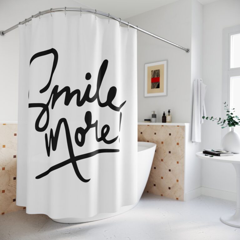 Smile More Shower Curtain — Motivational Black Script Bathroom Decor