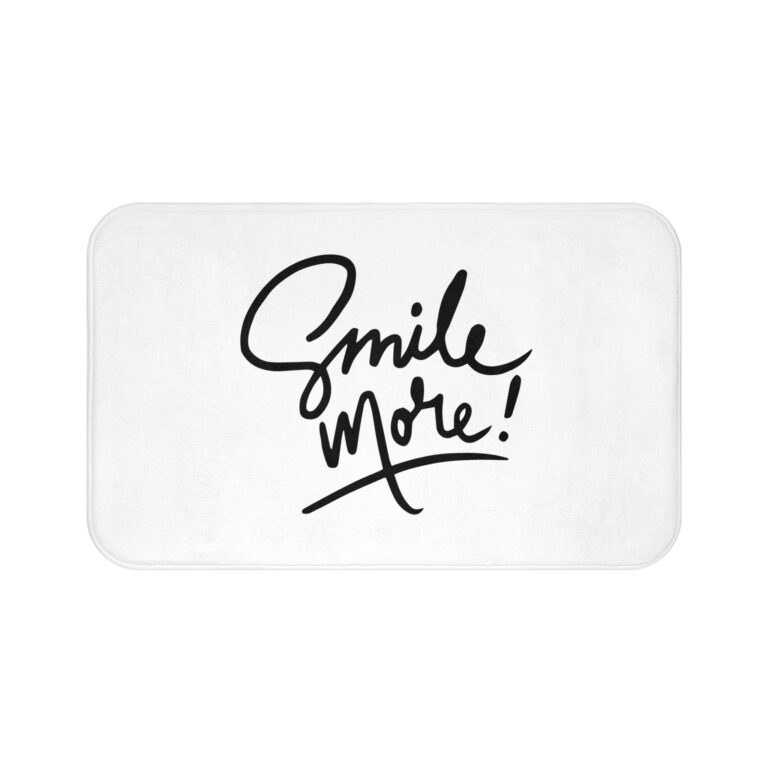 Smile More! Bath Mat — Minimalist Black Script Bathroom Rug