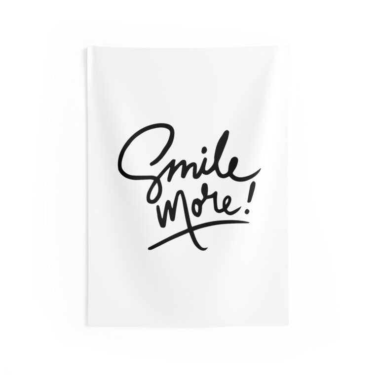 Smile More! Inspirational Wall Tapestry — Minimal Black Script Home Decor