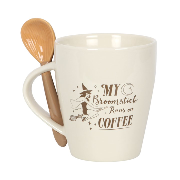 “My Broomstick Runs on Coffee” Witch Mug with Spoon – Ceramic Coffee Cup Set