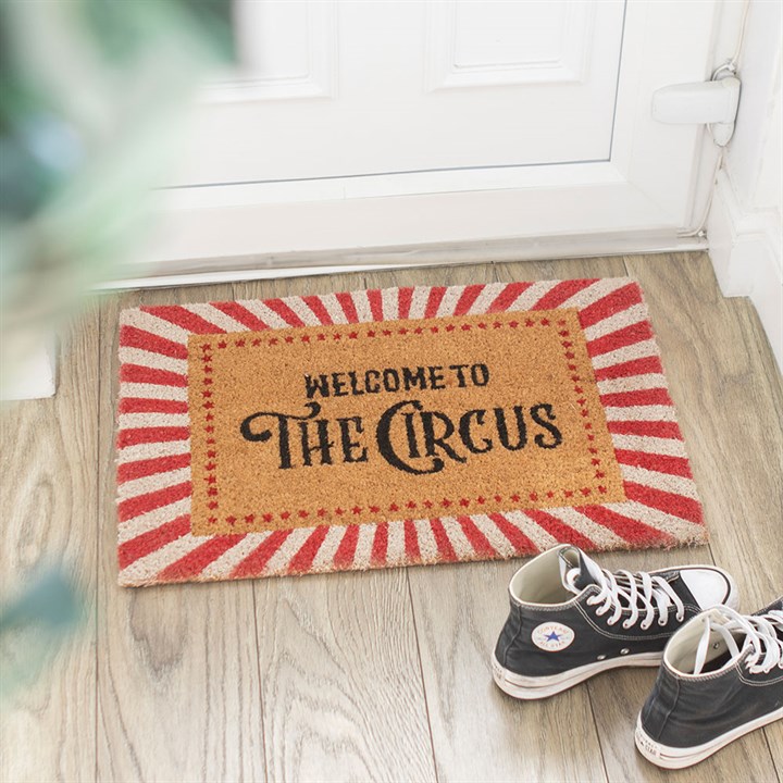 “Welcome to the Circus” Red Striped Doormat – Vintage Circus Door Mat