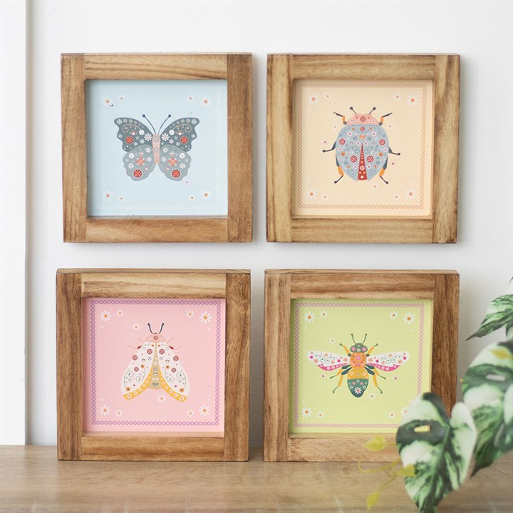 Set of 4 Floral Bug Framed Wall Art Prints – Wooden Frame Nature Decor