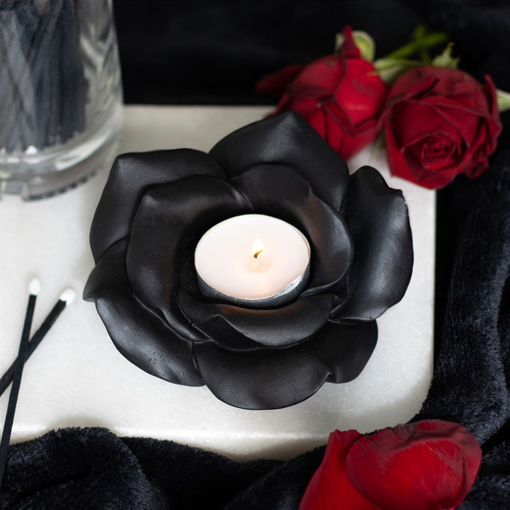 Black Rose Tealight Candle Holder – Gothic Resin Rose Decor